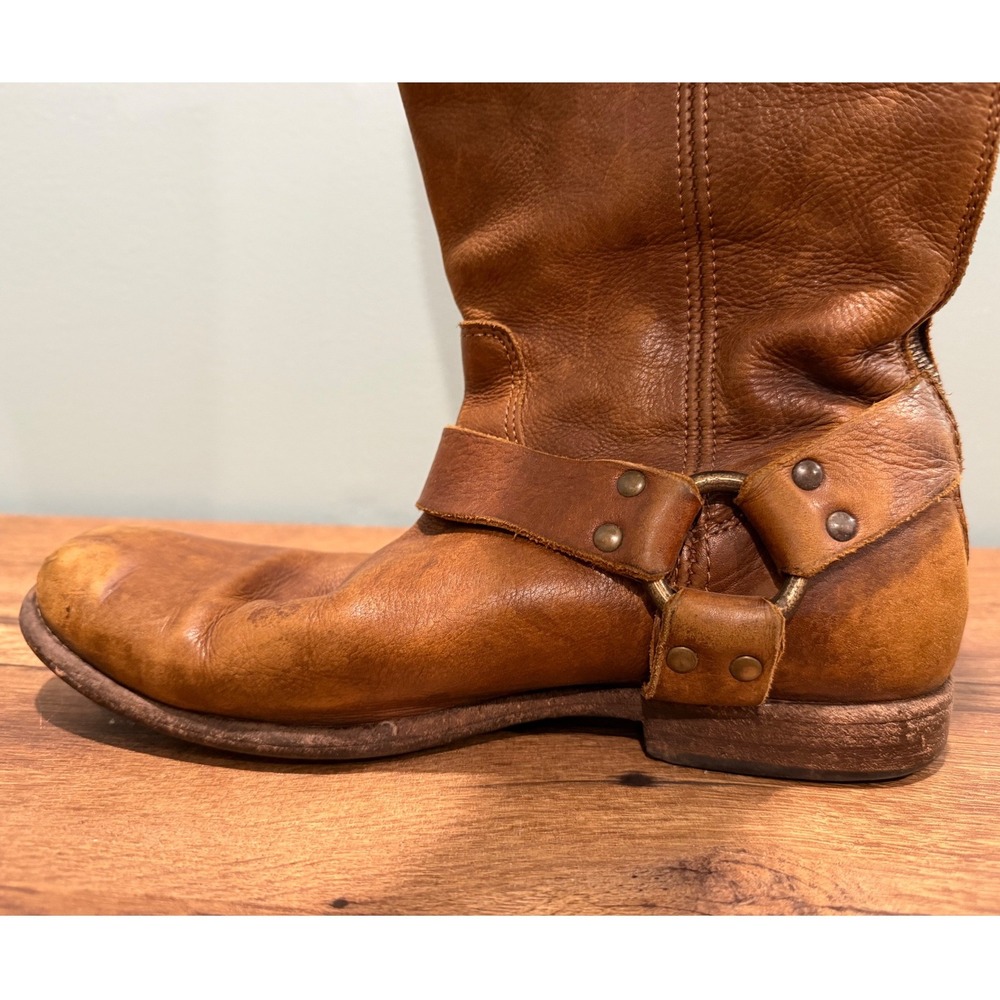 Frye Melissa Harness Tall Leather Boots Cognac Brown 14987 Back Zip Moto Riding